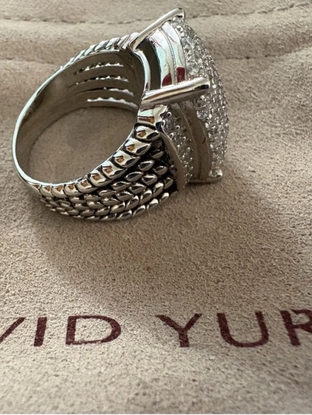 David Yurman Silver Pavé Diamond Cushion Ring